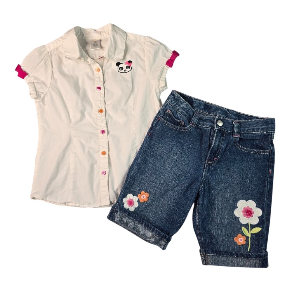 Gymboree Panda Shirt‎ Denim Shorts Set Girls Size 7 White Blue Floral Kidcore